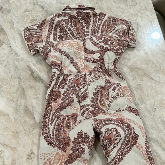 Free People Marci Printed Coverall Jumpsuit Soft Denim Brown Ivory Tan - Picture 9 of 9